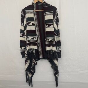 Charlotte Russe Geometric Fringe Cardigan - Black, White, Brown